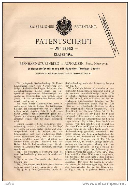 Original Patentschrift - B. Stürenberg In Alfhausen , Prov. Hannover , 1899 , Schienen - Verbindung , Eisenbahn !!! - Historische Dokumente