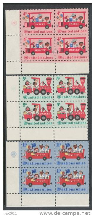 UN New York 1966 Michel 171-173, Blocks Of 4 With Lable In LowerLeft Corner, MNH** - Blocks & Sheetlets