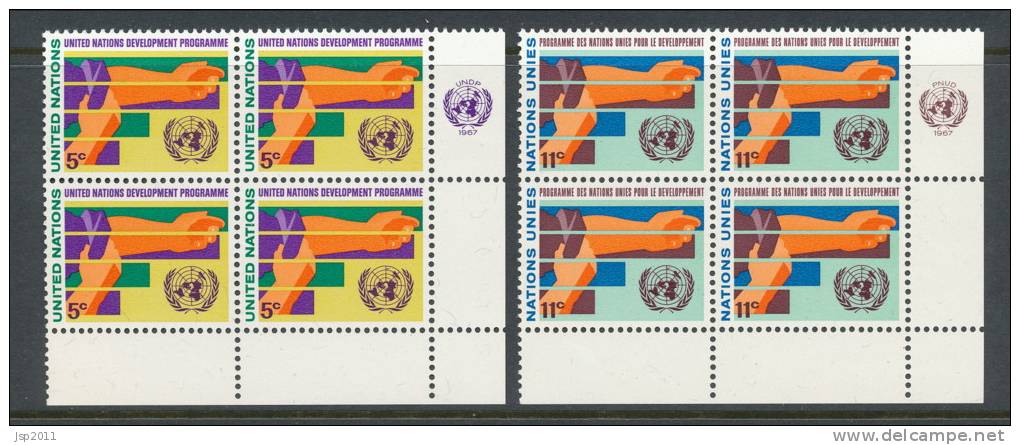 UN New York 1967 Michel 174-175, Blocks Of 4 With Lable In Lower Right Corner, MNH** - Hojas Y Bloques