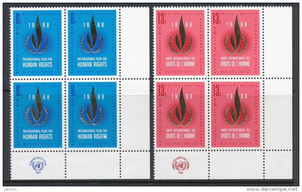 UN New York 1968 Michel 206-207, Blocks Of 4 With Lable In Lower Right Corner, MNH** - Hojas Y Bloques