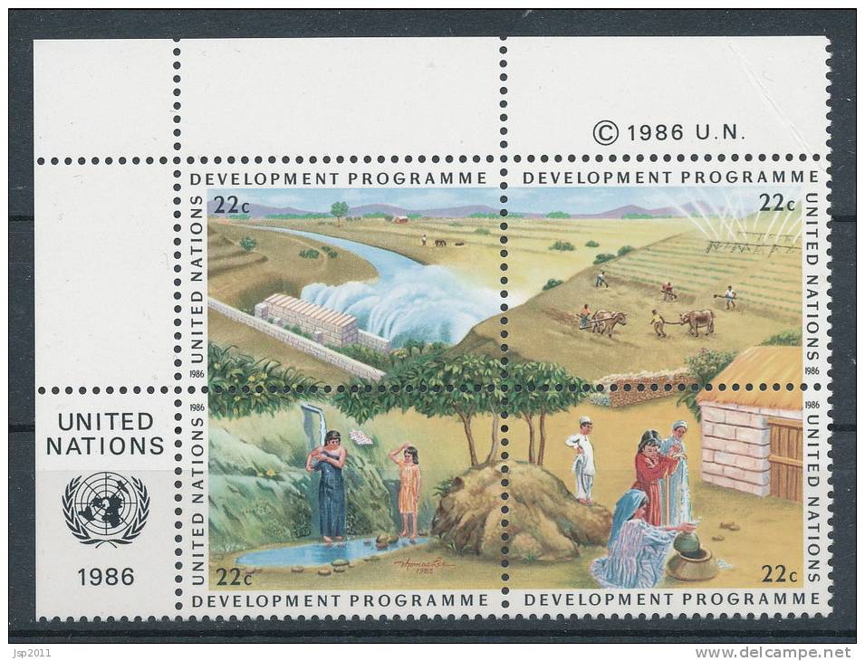 UN New York 1986 Michel 491-494, Blocks Of 4 With Lable In Upper Left Corner, MNH** - Hojas Y Bloques