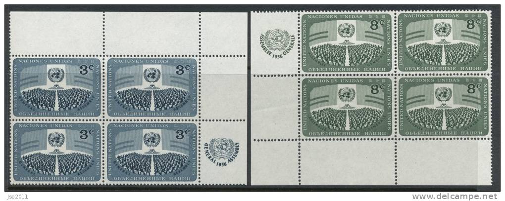 UN New York 1956 Michel # 51-52, Corner Blocks Of 4 With Lables, MNH** - Hojas Y Bloques