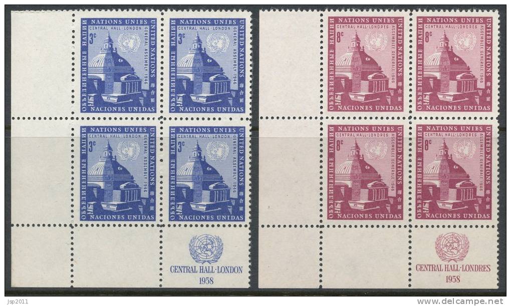 UN New York 1958 Michel # 68-69, Blocks Of 4 With Lables In Lower Left Corner , MNH** - Hojas Y Bloques