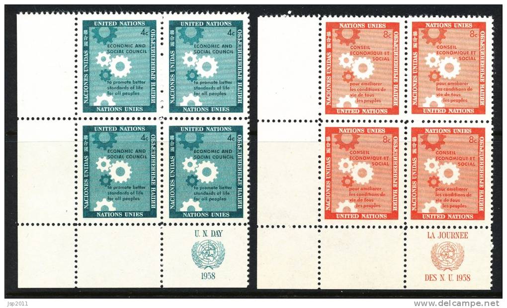 UN New York 1958 Michel # 72-73, Blocks Of 4 With Lables In Lower Left Corner , MNH** - Hojas Y Bloques