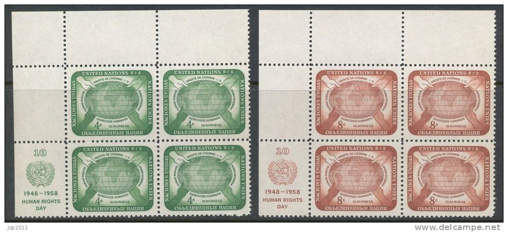 UN New York 1958 Michel # 74-75, Blocks Of 4 With Lables In Upper Left Corner , MNH** - Hojas Y Bloques