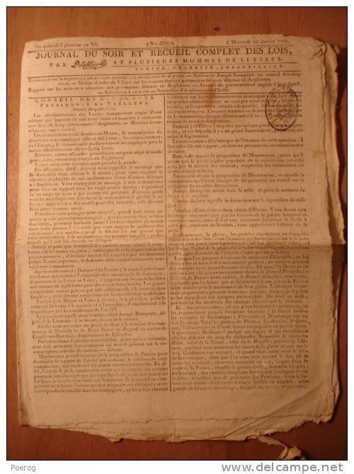 JOURNAL DU SOIR 1798 - PRISES MARITIMES MARINE BONAPARTE PRISONNIERS EN ANGLETERRE MARAIS VENDEE CHOUANS VERNEUIL - Zeitungen - Vor 1800