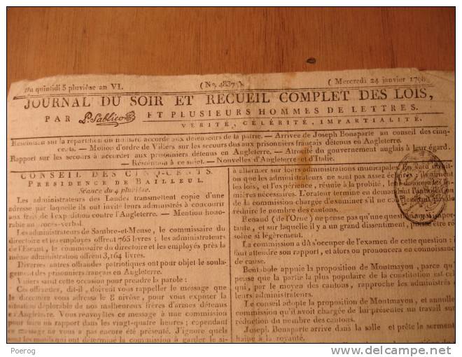 JOURNAL DU SOIR 1798 - PRISES MARITIMES MARINE BONAPARTE PRISONNIERS EN ANGLETERRE MARAIS VENDEE CHOUANS VERNEUIL - Giornali - Ante 1800