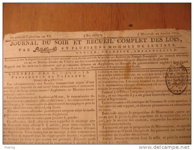 JOURNAL DU SOIR 1798 - PRISES MARITIMES MARINE BONAPARTE PRISONNIERS EN ANGLETERRE MARAIS VENDEE CHOUANS VERNEUIL - Zeitungen - Vor 1800