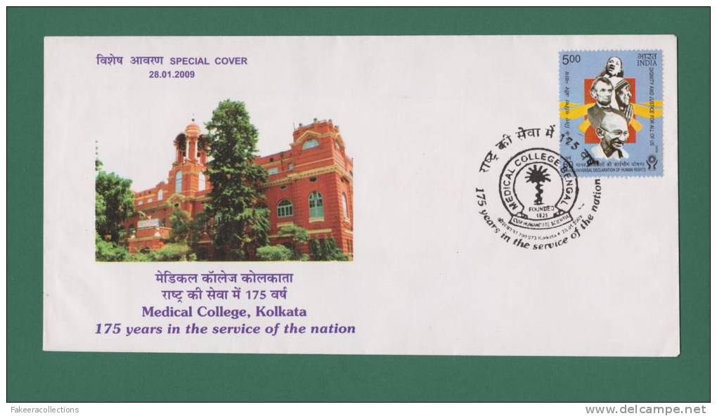 INDIA 2009 SPECIAL COVER MEDICAL COLLEGE KOLKATA 175 YEARS OF SERVICE, EMBLEM , GANDHI , MOTHER TERESA , LINCOLN - Lettres & Documents