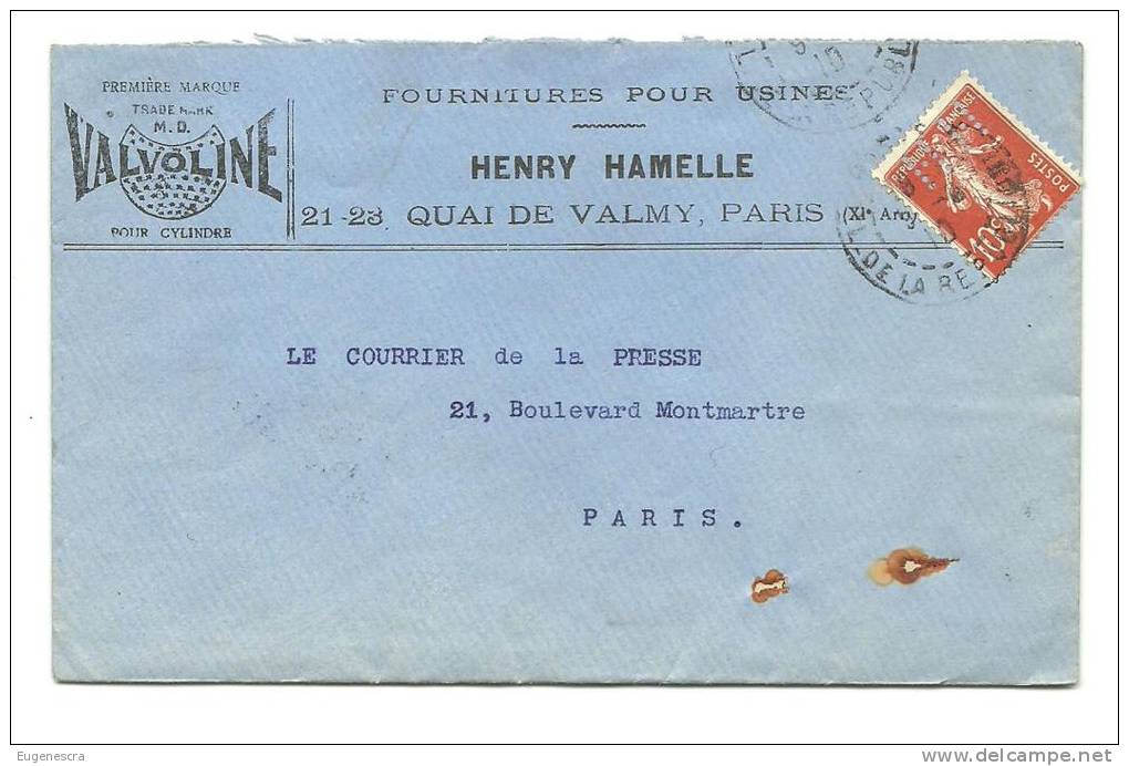 PERFORE HH  36 Sur Enveloppe Avec Correspondance (1910) Indice E - Autres & Non Classés