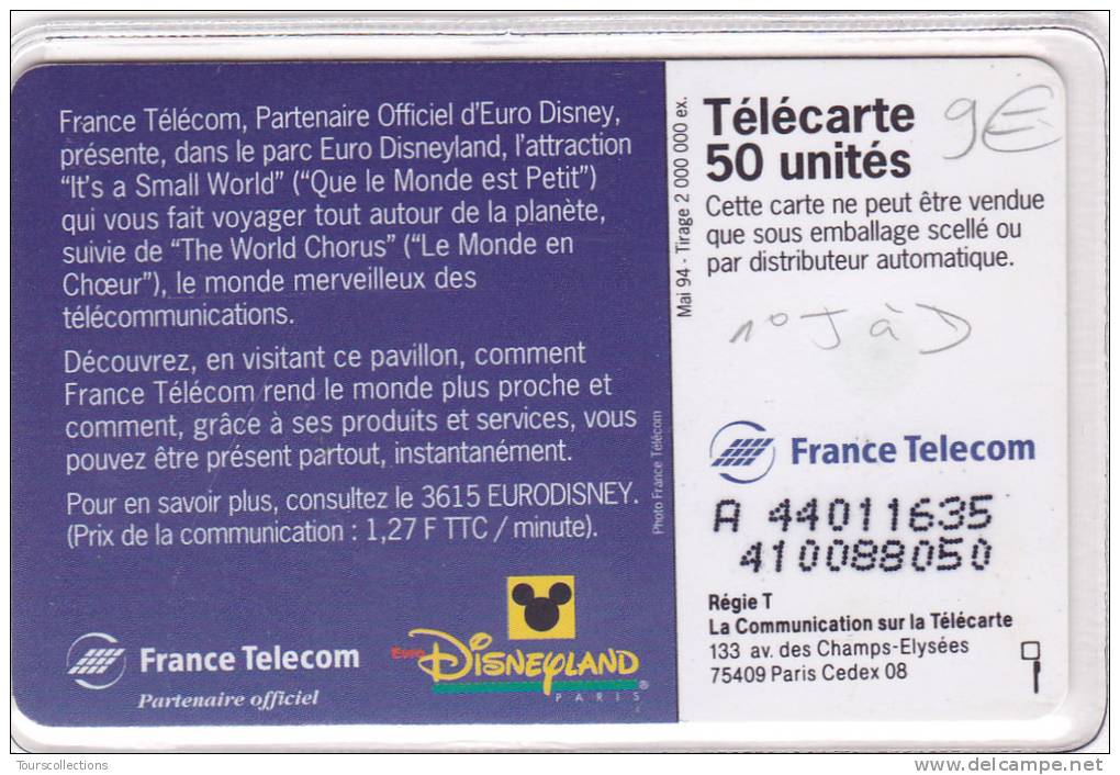 TELECARTE 50 U @ VARIETE Numéro Justifié à Droite - DISNEYLAND Le Monde En Choeur @ Puce SO5 - 05/1994 - Variétés