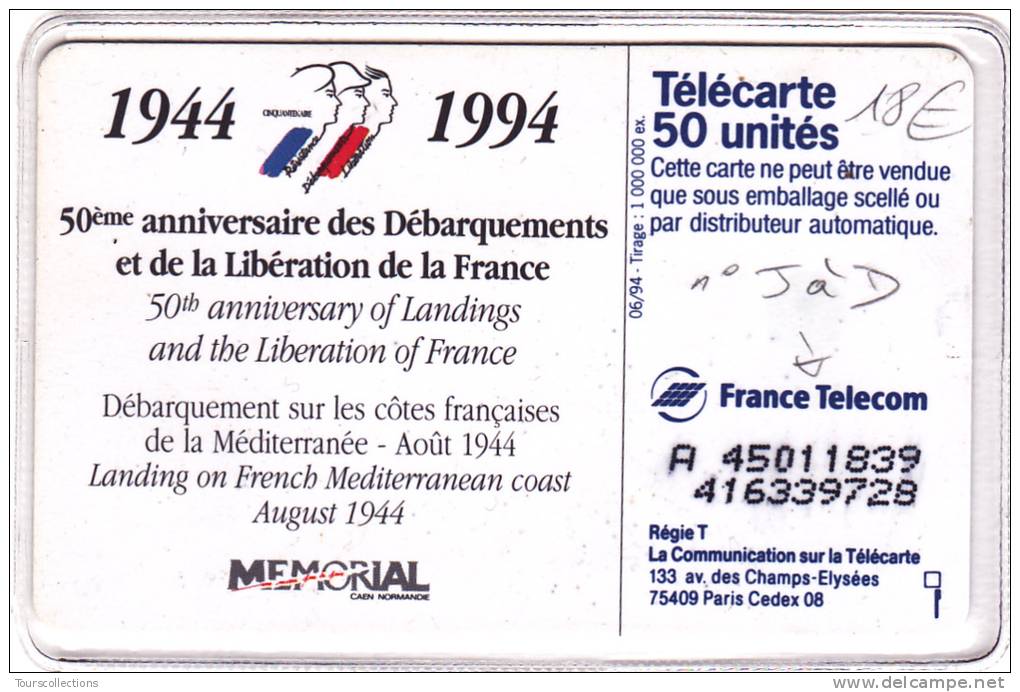 TELECARTE 50 U @ VARIETE Numéro Justifié à Droite - Débarquement AOUT 1944 - US47 @ Puce SO5 - 06/1994 - Fehldrucke