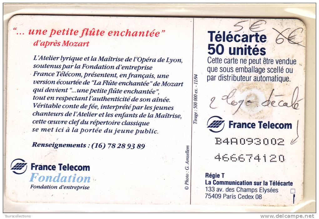 TELECARTE 50 U @ VARIETE 2° Logo Moréno Décalé - FLUTE ENCHANTEE - MOZARD @ Puce GEM - 11/1994 - Fehldrucke