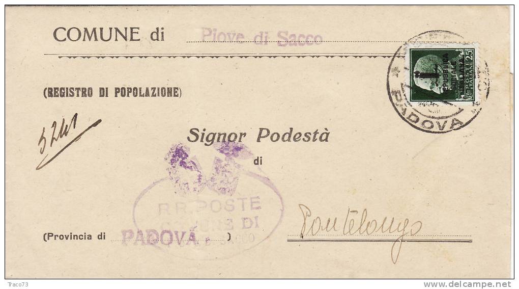 PIOVE DI SACCO /  PONTELONGO  8.5.1944 - Piego - Cent. 25 Isolato - Marcofilía
