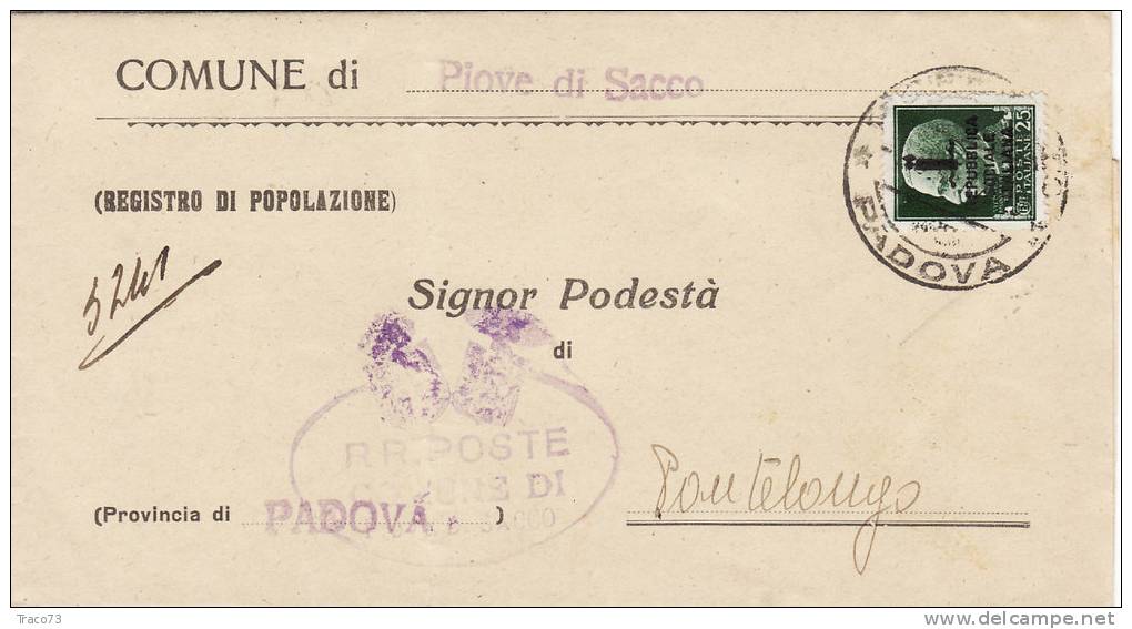 PIOVE DI SACCO /  PONTELONGO  8.5.1944 - Piego - Cent. 25 Isolato - Poststempel