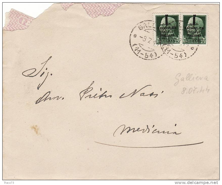 GALLIERA /  MEDICINA  8.7.1944 - Cover _ Lettera  - Cent. 25 X 2 - Marcophilie