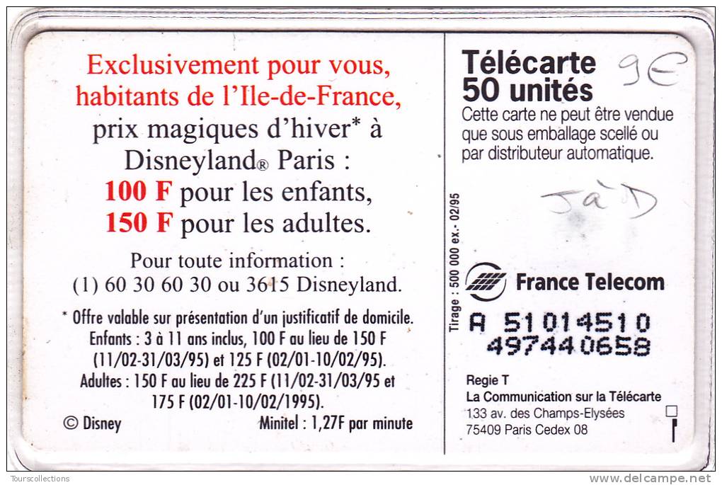 TELECARTE 50 U @ VARIETE Numéro Justifié à Droite - DYSNEYLAND PARIS - Miroir @ Puce SO3 - 02/1995 - Fehldrucke