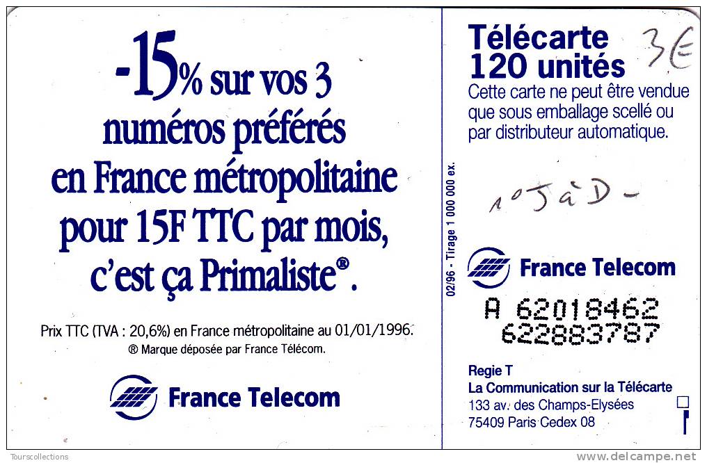 TELECARTE 120 U @ VARIETE N° Justifié à Droite - PRIMALISTE De France Télécom @ Puce SO3 - 02/1996 - Variétés