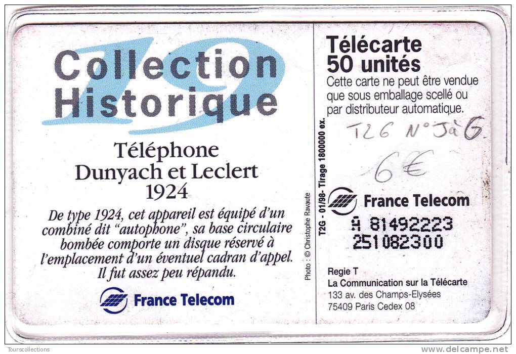 TELECARTE 50 U @ VARIETE N° Justifié à Gauche @ Collection Téléphone N° 19 Dunyach Et Leclert 1924 @ Puce SO3 - 01/1998 - Variétés