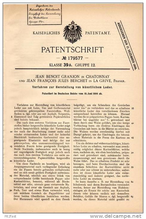 Original Patentschrift - J. Granjon In Chatonnay Und La Grive , 1904 , Herstellung Von Kunstleder , Leder , Simili Cuir - Châtonnay