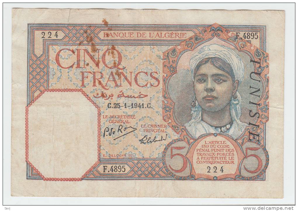 Tunisia 5 Francs 1941 "F" P 8b  8 B - Tunesien