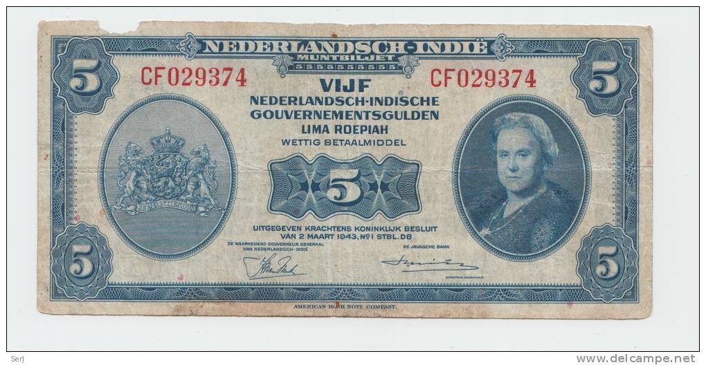 Netherlands Indies 5 Gulden 1943 Banknote P 113a 113 A - Dutch East Indies