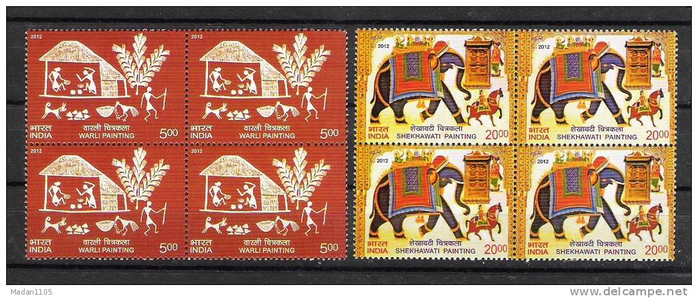 INDIA 2012  Shekhawati And Warli Paintings  2v, Complete Set , Blocks Of 4, MNH(**) - Neufs