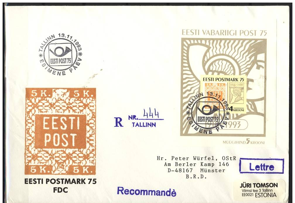 B.12.NOV.088.  GROOT  POSTSTUK  VAN  ESTLAND NAAR  DUITSLAND. 1993. BLOK 5.  AANGETEKEND. - Estonia