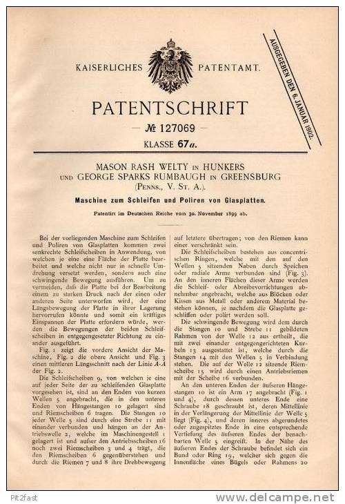 Original Patentschrift - M. Welty In Hunker Und Greensburg , Penns., USA , 1899 , Maschine Zum Schleifen Von Glas !!! - Tools