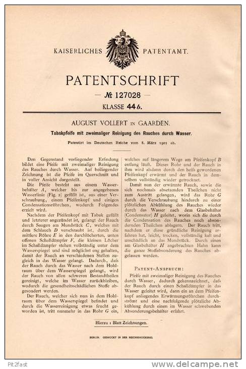 Original Patentschrift - A. Vollert In Gaarden B. Kiel , 1901 , Tabakpfeife , Wasserpfeife , Pfeife !!! - Water Pipes