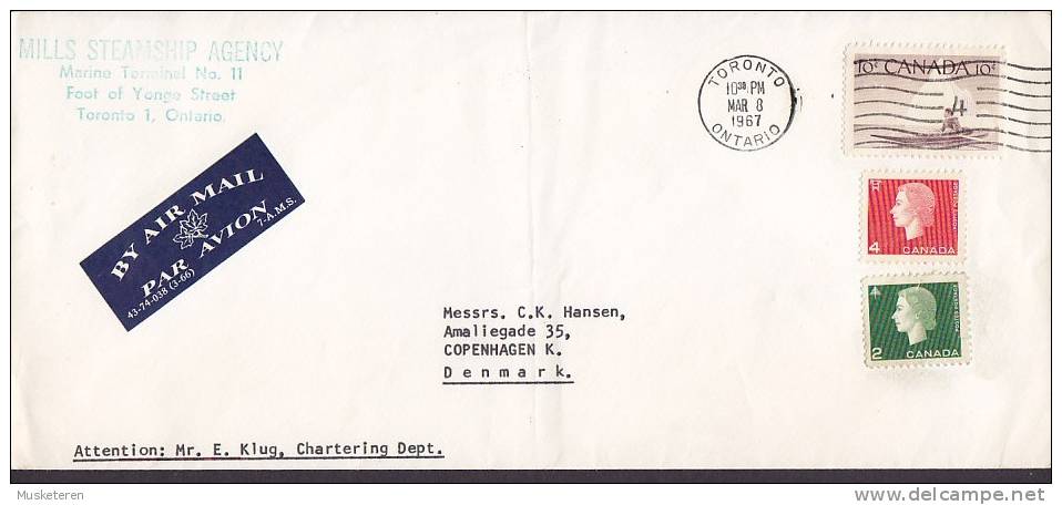 Canada Airmail Par Avion Label MILLS STEAMSHIP AGENCY, TORONTO Ontario 1967 Cover Lettre To Denmark - Luftpost