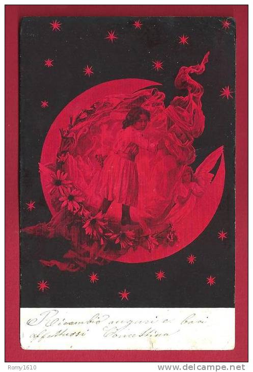 Surréalisme. Enfant Sur La Lune. Ange, Fleurs, étoiles.  Superbe Illustration  En Rouge Et Noir. Voyagée En 1903. 2 Scan - Astronomia