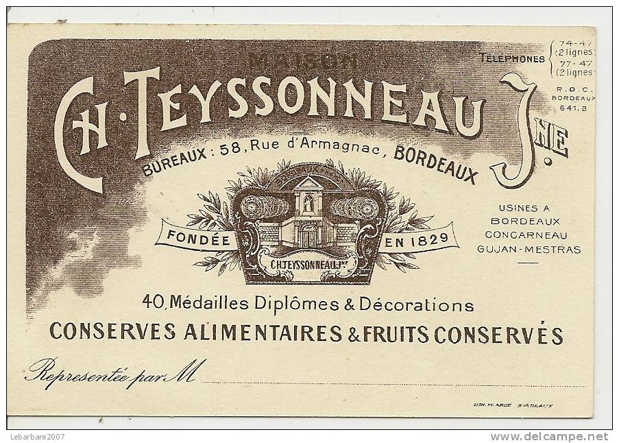 MAISON CH. TEYSSONNEAU J. - BORDEAUX 58 RUE D´ARMAGNAC - CONSERVES ALIMENTAIRES & FRUITS CONSERVES - Bordeaux