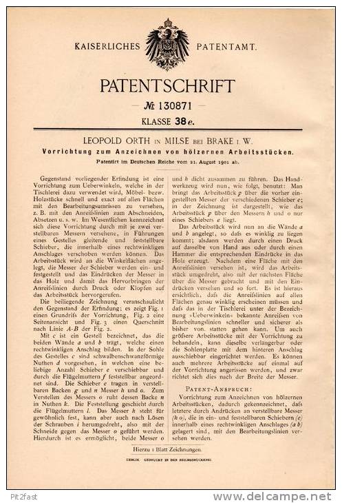 Original Patentschrift - Leopold Orth In Milse B. Brake I.W., 1901 , Anzeichnen Von Hölzernen Arbeitsstücken !!! - Arquitectura