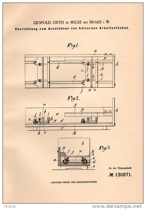 Original Patentschrift - Leopold Orth In Milse B. Brake I.W., 1901 , Anzeichnen Von Hölzernen Arbeitsstücken !!! - Architektur