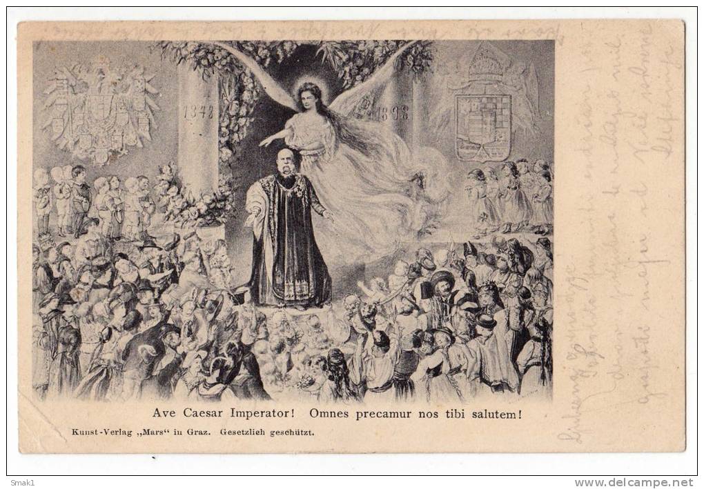 ROYAL FAMILIES AVE CAESAR IMPERATOR SCENE IN THE CHURCH EMPEROR FRANZ JOSEF AND A ANGEL JAMMED CORNER OLD POSTCARD 1899. - Royal Families