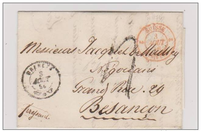 Cachet D´Entrée Suisse 2 Morteau  De Brenets Pour Besançon De 1856 - 1849-1876: Classic Period