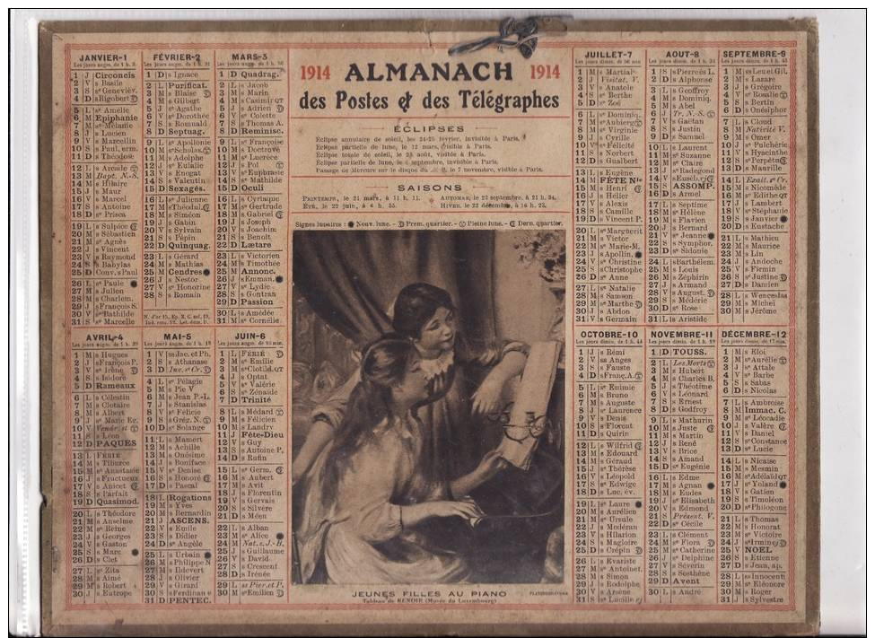 CALENDRIER - ANNEE 1914 - ILLUSTRATION - JEUNES FILLES AU PIANO - FEUILLET AU DOS - Grossformat : 1901-20