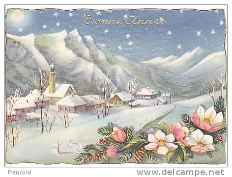 Bonne Année. Village Enneigé. Branche De Sapin Et Fleurs D'églantier. - Neujahr