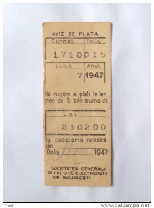 ROMANIA-TAXE AVIS SOCIETATEA GENERALA DE GAZ SI ELECTRICITATE BUCURESTI,1947 PERIOD - Verloving