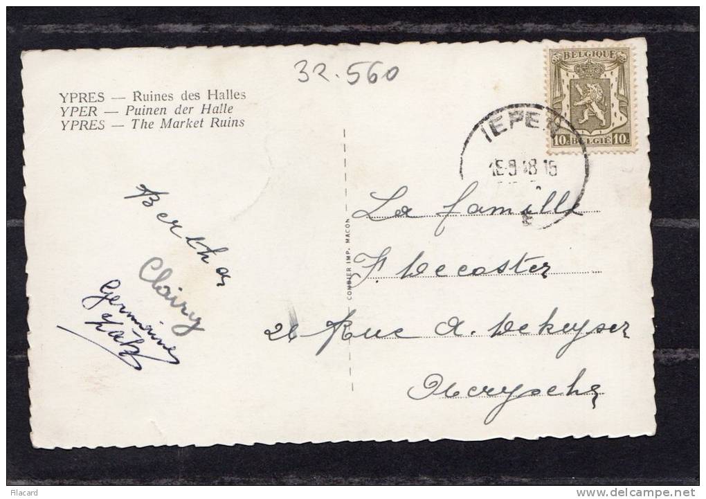 32560      Belgio,   Ypres  -  Ruines  Des  Halles,  VG  1948 - Ieper