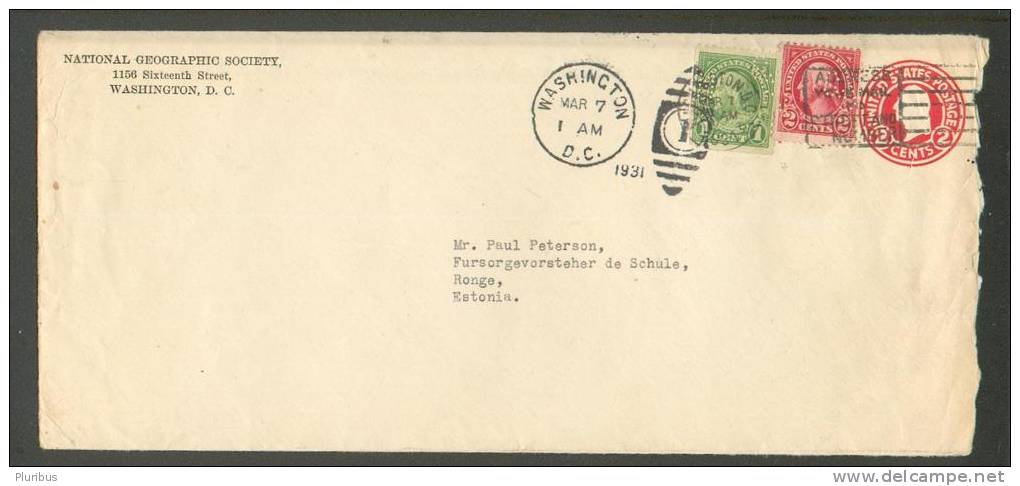 USA  WASHINGTON  NATIONAL GEOGRAPHIC SOCIETY  POSTAL STATIONERY  COVER TO    ESTONIA   1931  PERFINS - 1921-40