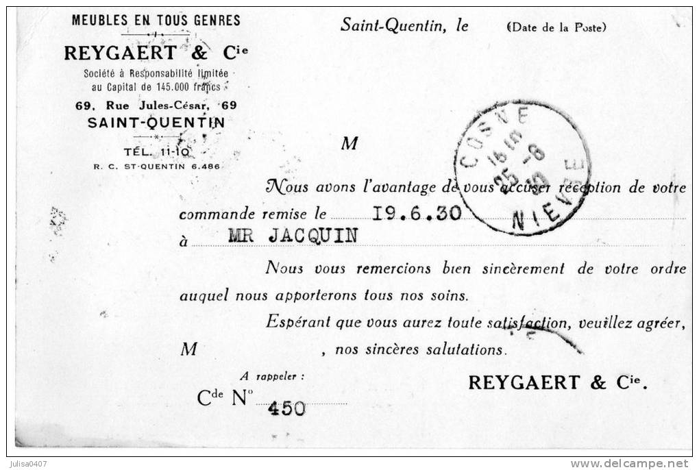 SAINT QUENTIN (02) Carte Commerciale Publicitaire Meubles Reygaert - Saint Quentin