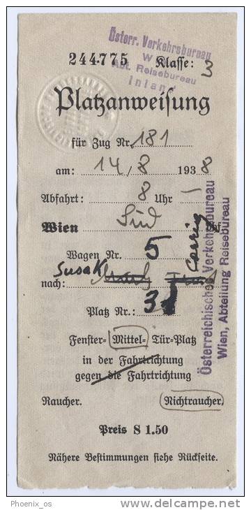 Railway, Eisenbahn, Wien - Sušak, Rijeka, Ticket, 1938. - Europe