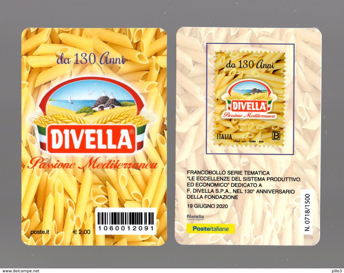 ITALIA  :  Tessera Filatelica - 130° Della Pasta DIVELLA - Tiratura 1500 Pz.   19.06.2020 - Philatelistische Karten