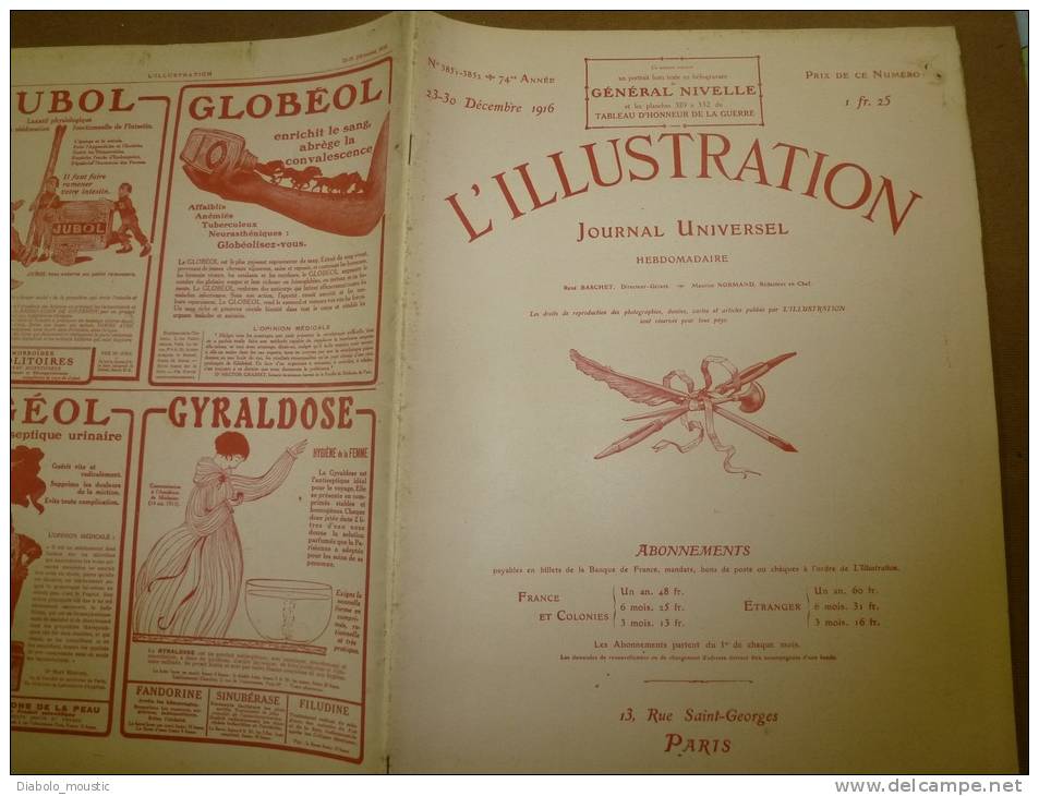 L' ILLUSTRATION  N° 3851-3852  Du  23-30 Décembre 1916 : Belle Photo-gravure  Portrait Du Général NIVELLE - L'Illustration