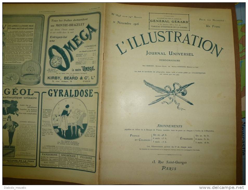 L´ ILLUSTRATION  N° 3845  Du  11 Novembre 1916 : Belle Lithographie Couleur  Portrait Du Général GERARD - L'Illustration