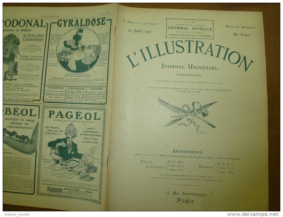 L' ILLUSTRATION  N° 3829  Du  22 Juillet 1916 : Belle Lithographie Couleur  Portrait Du Général  NIVELLE - L'Illustration