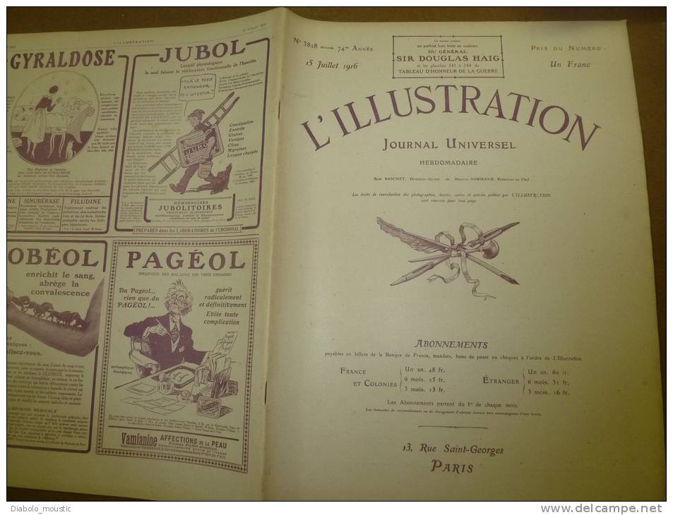 L' ILLUSTRATION  N° 3828  Du  15 Juillet 1916 : Belle Lithographie Couleur  Portrait Du Général  Sir DOUGLAS HAIG - L'Illustration