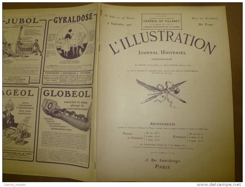 L' ILLUSTRATION  N° 3836  Du  9 Septembre 1916 : Belle Lithographie Couleur  Portrait Du Général  DE VILLARET - L'Illustration